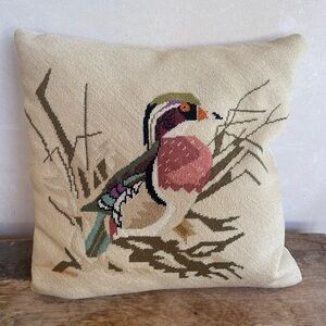 SOLD-NEEDLEPOINTED WOOD DUCK PILLOW Vtg Beautiful Colorful Bird Cream 15”